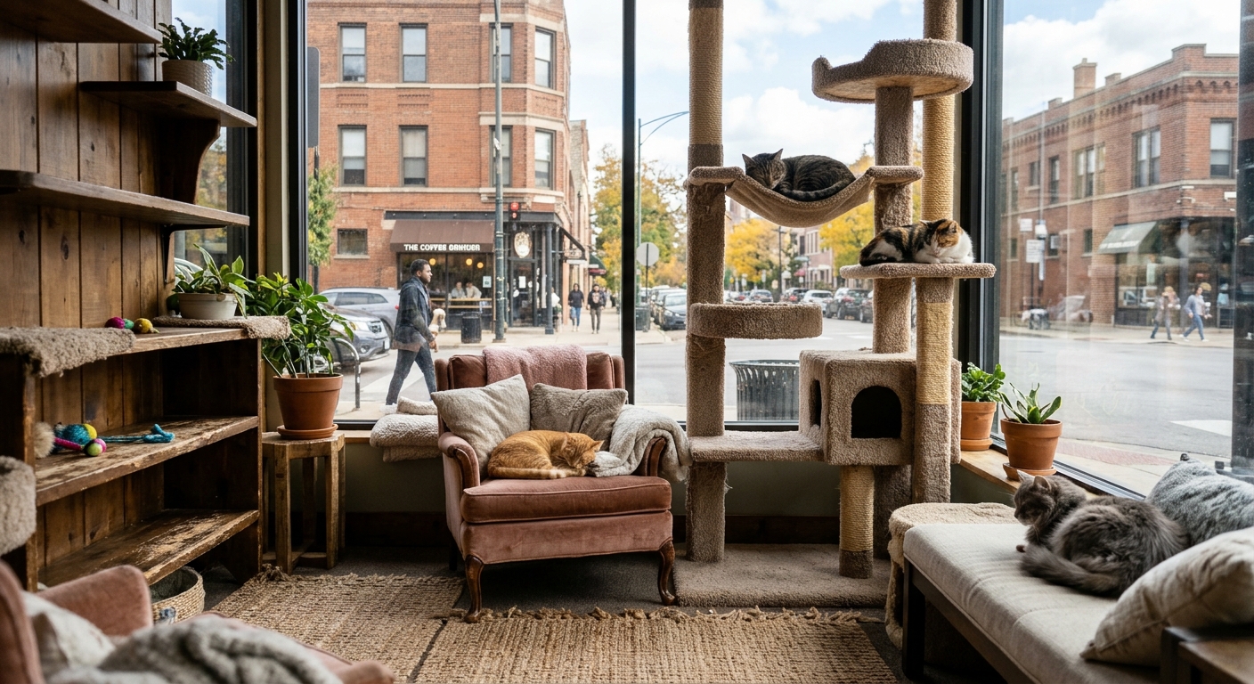 several cats relaxing on carpeted climbing trees and cozy cushions inside a storefront lounge, with a large front window looking out onto a brick-lined Midweste
