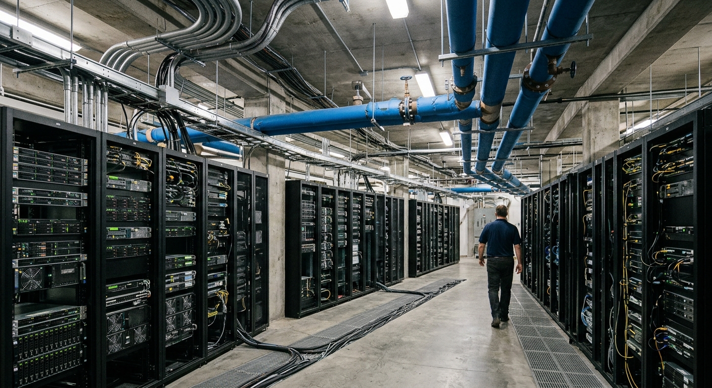 rows of server racks inside a typical Midwestern industrial data center facility, featuring thick electrical conduits and overhead cooling pipes running along a