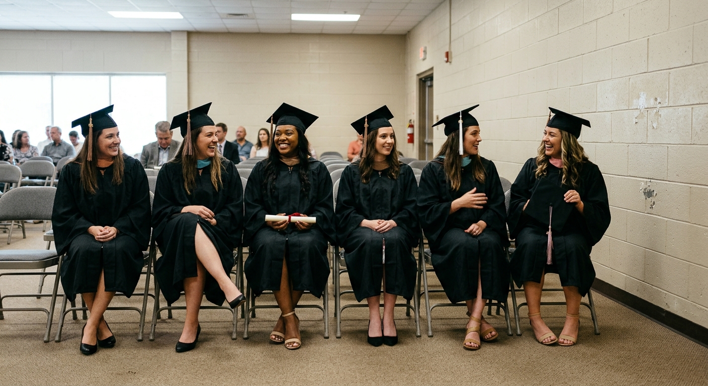 several women wearing graduation gowns and caps, sitting in a row of folding chairs inside a modest institutional multi-purpose room with painted cinderblock wa