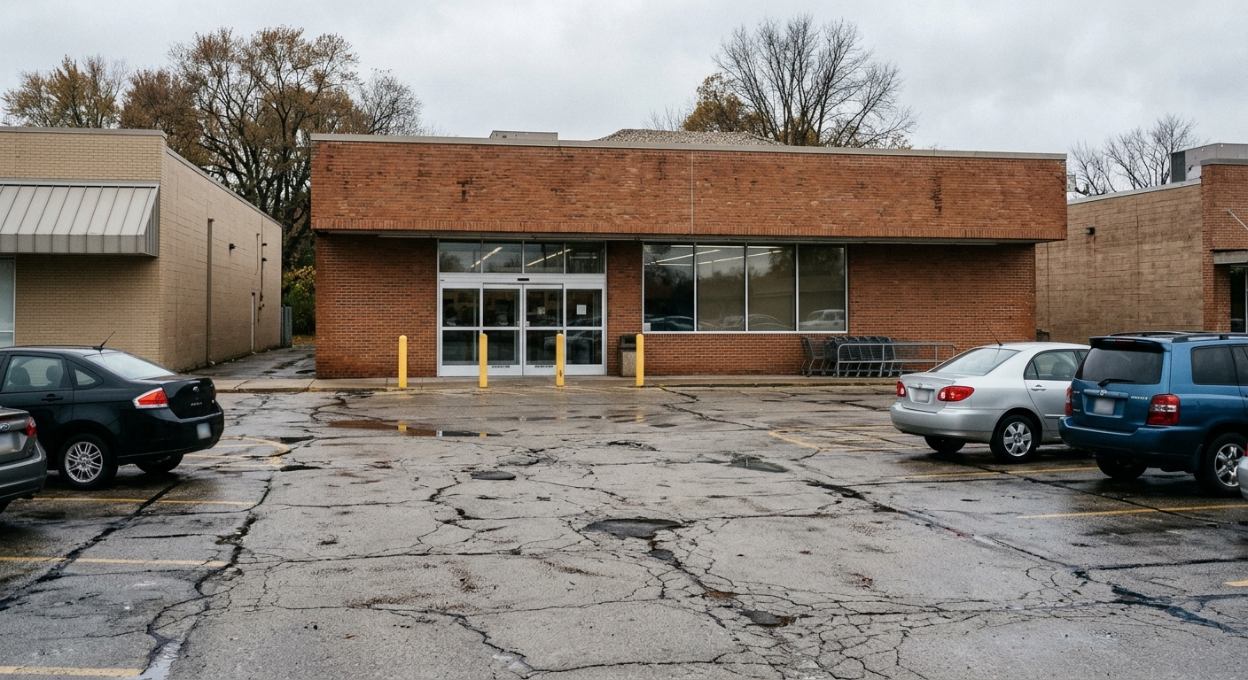a generic flat-roofed retail discount store with a simple brick facade and glass automatic doors, situated in a typical Midwestern American strip mall with a cr