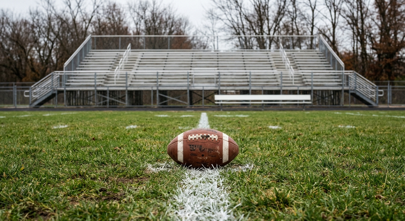 a well-used American football resting on the painted white line of a grass high school athletic field, with empty metal bleachers and bare autumn trees in the b