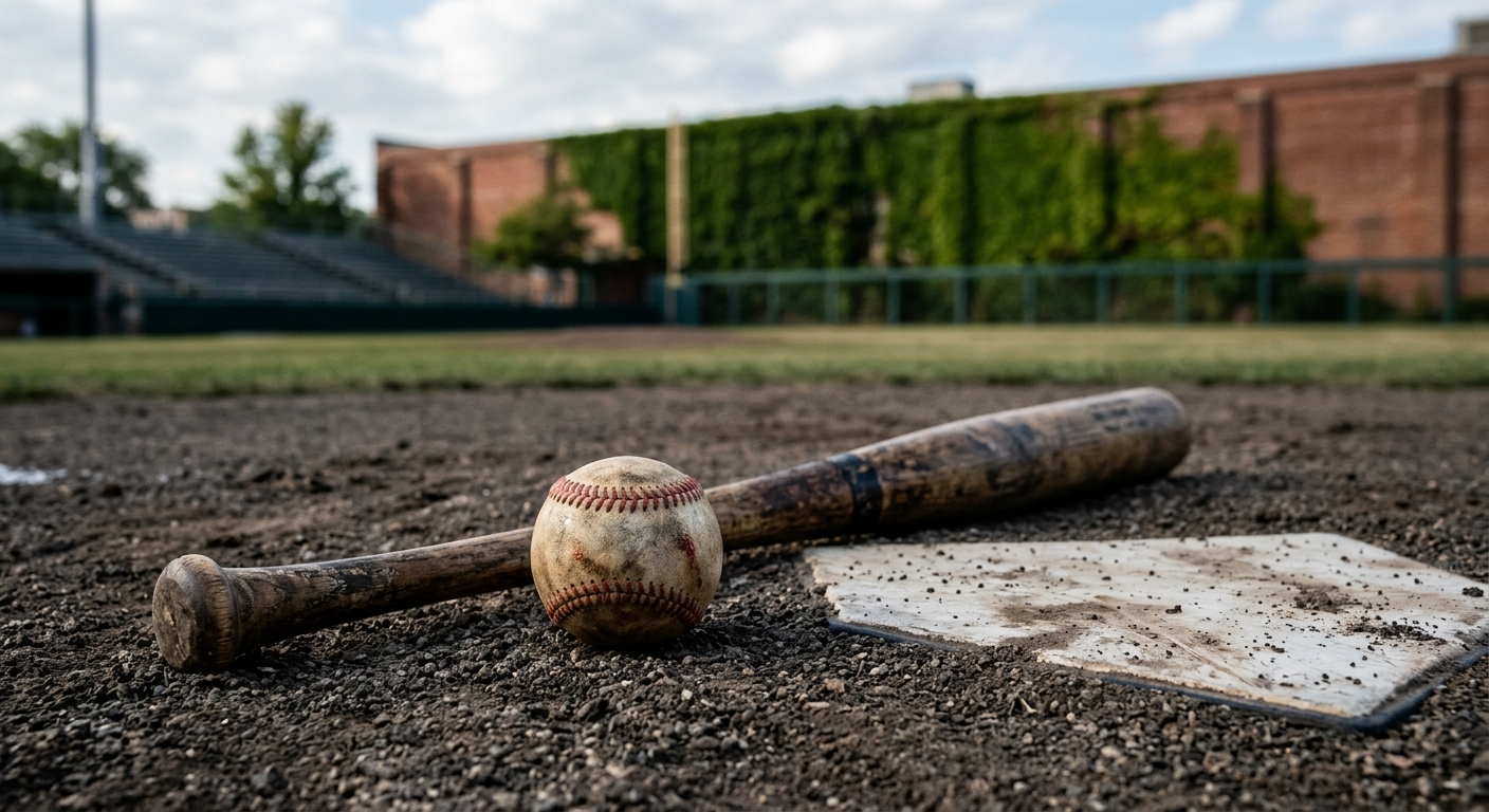 a scuffed baseball and a worn wooden bat resting on the infield dirt near a white home plate, with an out-of-focus brick wall covered in green ivy in the backgr