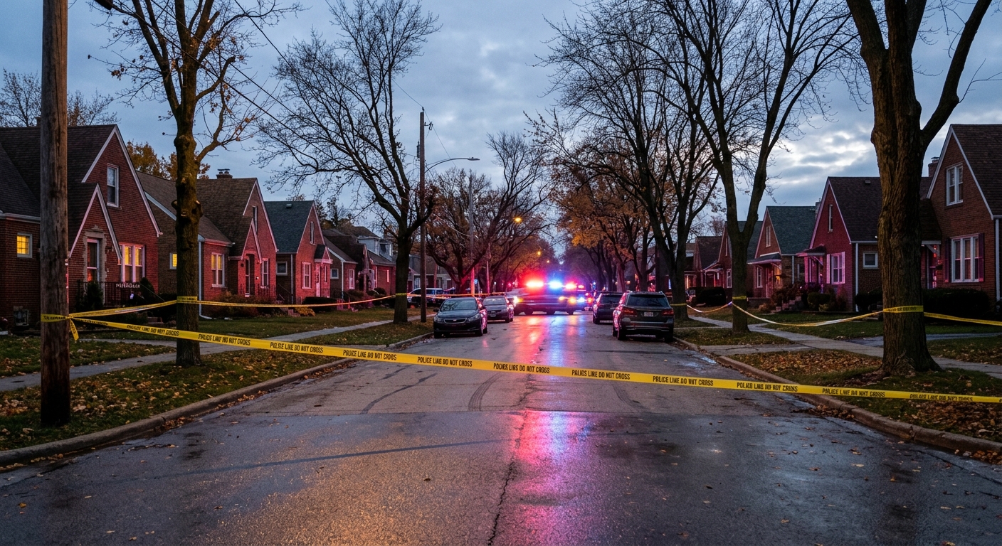 a quiet suburban street at dusk with yellow barricade tape stretched across the foreground, bare autumn trees and midwestern brick houses, blurred red and blue