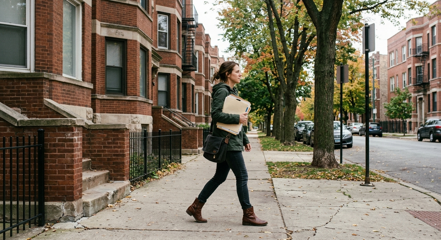 an everyday person walking down an urban residential sidewalk lined with classic Midwestern brick apartment buildings, holding a plain manila folder of paperwor
