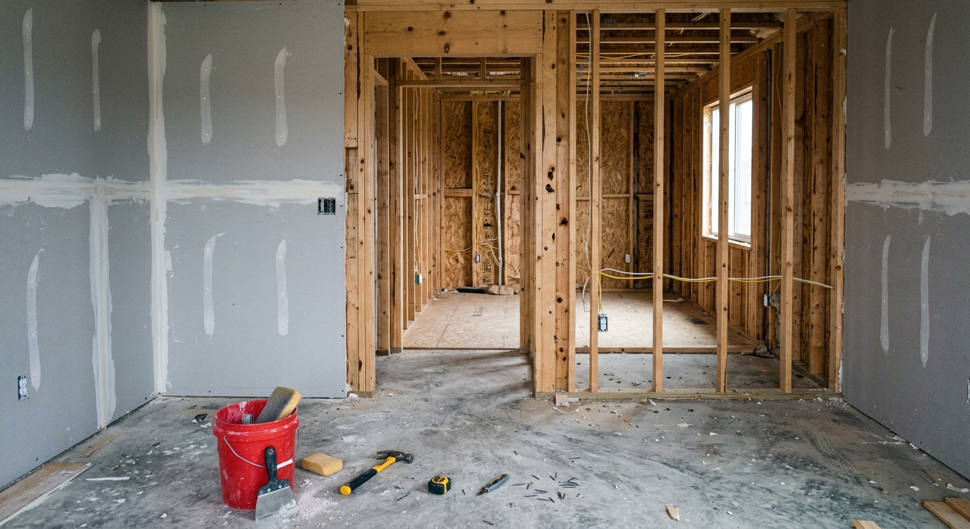 an unfinished residential construction site inside a typical Midwestern suburban home, featuring exposed wooden wall studs, partially hung drywall with visible