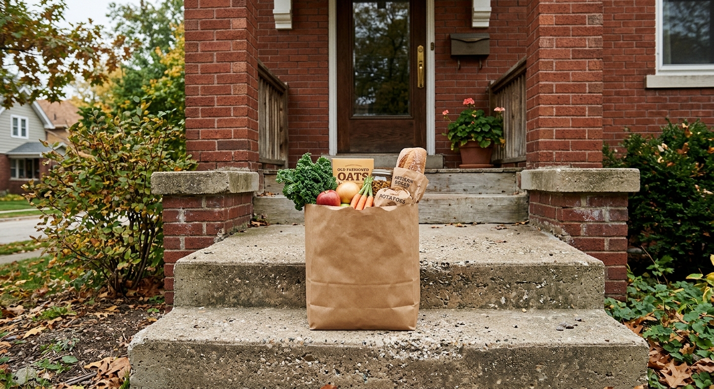 a plain brown paper grocery bag filled with fresh produce and pantry items resting on the concrete porch steps of a classic red brick residential home in a Midw