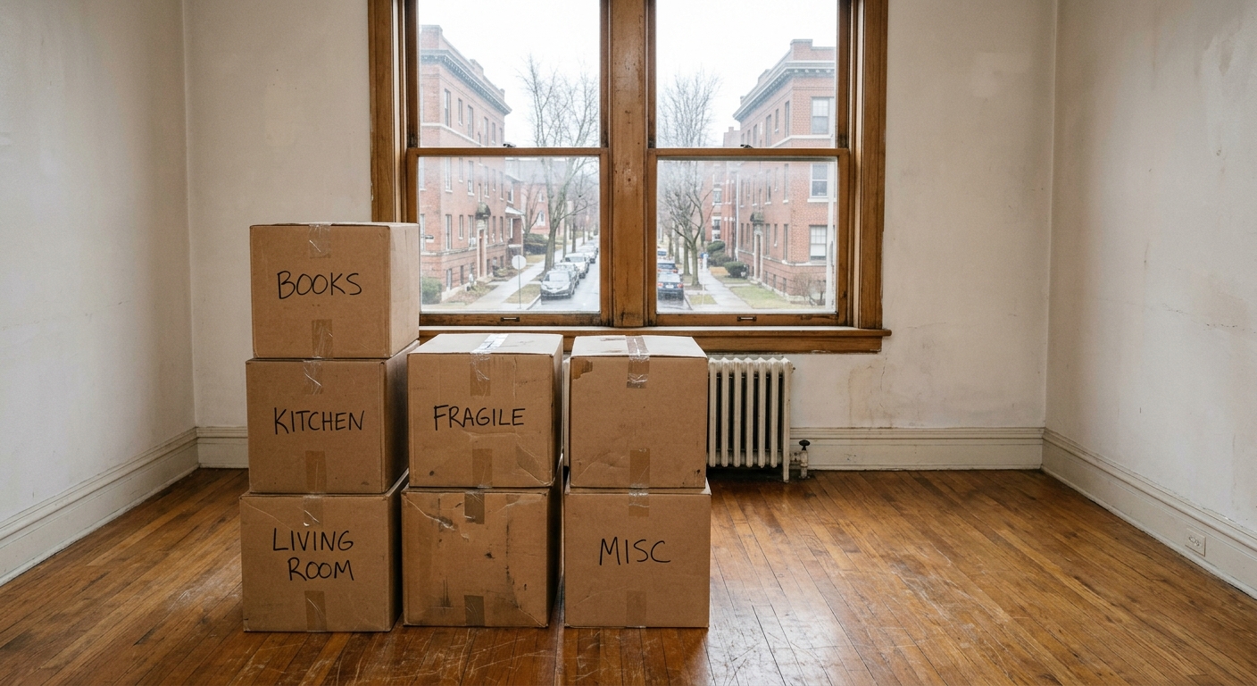 several brown cardboard moving boxes stacked on the wooden floor of an empty residential living room, with a view through a large window showing classic brick a