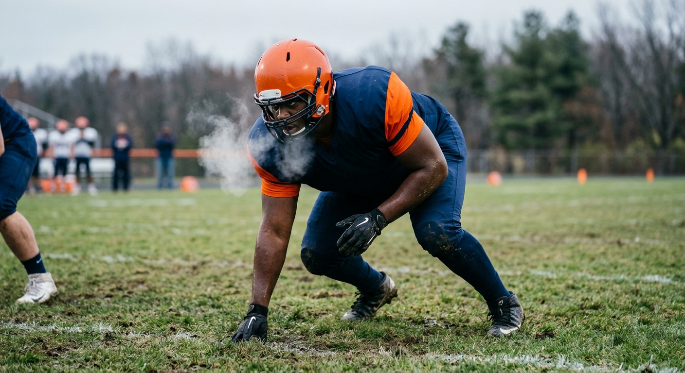 a massive American football defensive lineman wearing an unbranded, solid navy blue and orange uniform, practicing in a three-point stance on a cold outdoor gra