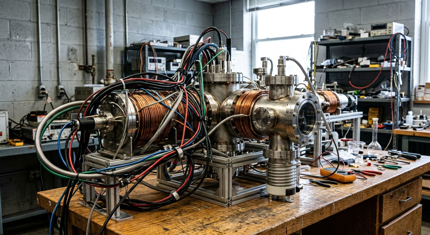 a complex metallic scientific apparatus featuring copper coils, steel vacuum chambers, and numerous cables resting on a heavy workbench inside a university phys